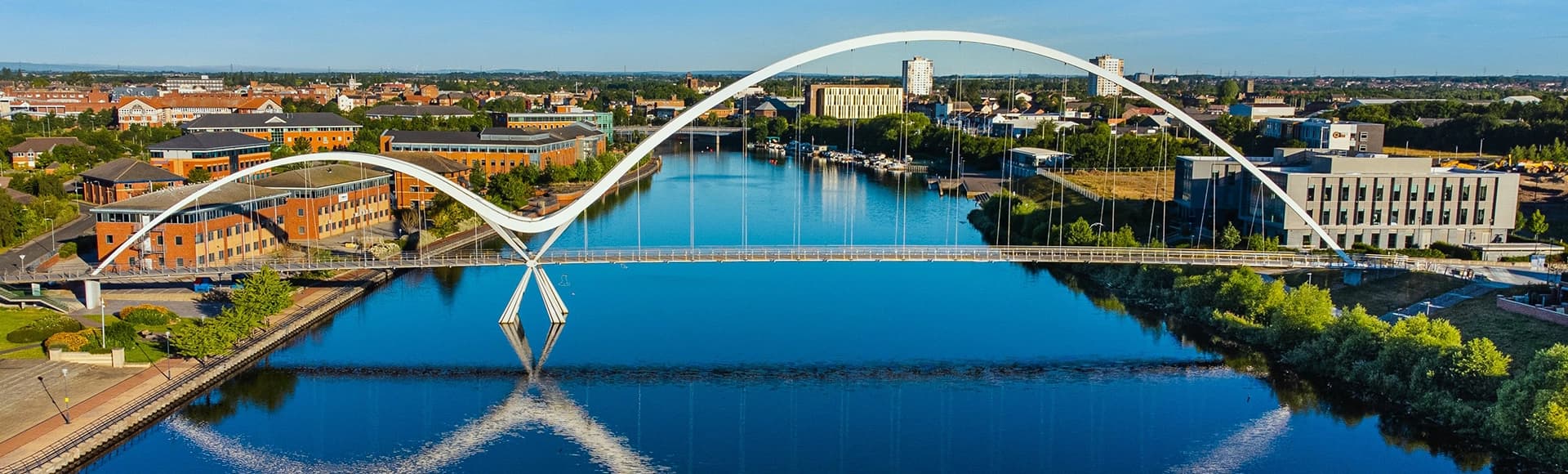 Aerial view of the Infinity Bridge spanning the river Tees in Stockton, California